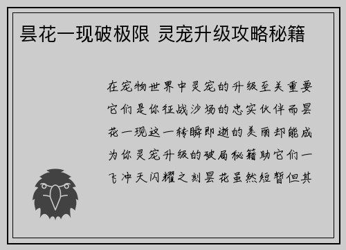 昙花一现破极限 灵宠升级攻略秘籍
